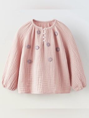 Zara Pink Gauze Muslin Floral Embroidered Blouse. Size 4.